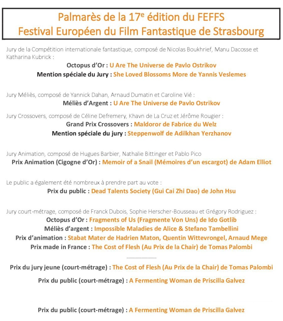 Liste du palmarès de l'édition 2024 du Festival Européen du Film Fantastique de Strasbourg