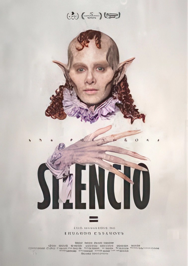 Affiche du film Silencio (2025) d’Eduardo Casanova : Personnage androgyne aux traits exagérés, vêtu de violet, avec des ongles effilés et un collier, sur fond minimaliste.