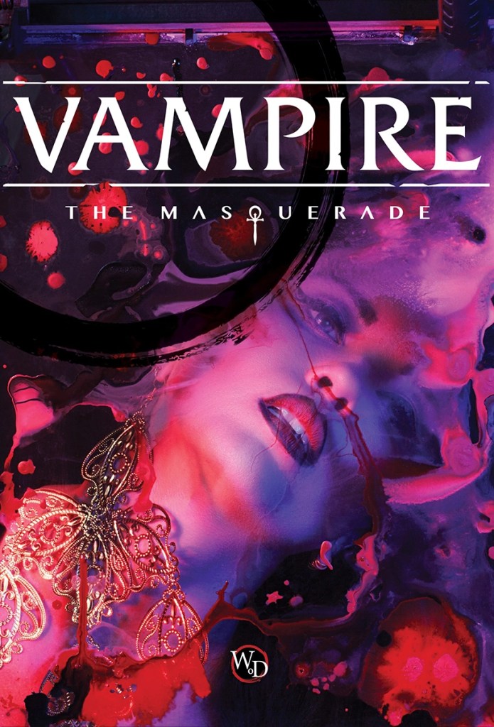 Affiche Vampire : The Masquerade : Visuel sombre et élégant avec un visage de vampire aux lèvres ensanglantées, décoré de motifs gothiques et de sang.