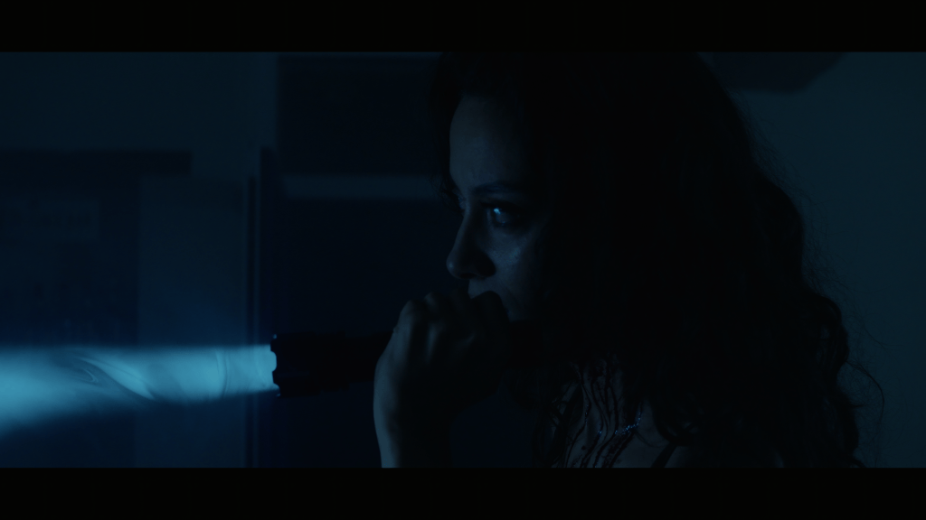 Nadia (Mélissa Brun) enquête de nuit avec une lampe torche dans Nightfall de Hugo König