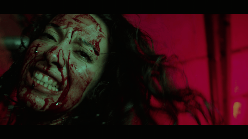 Nadia (Mélissa Brun) le visage ensanglanté se bat pour survivre dans Nightfall de Hugo König